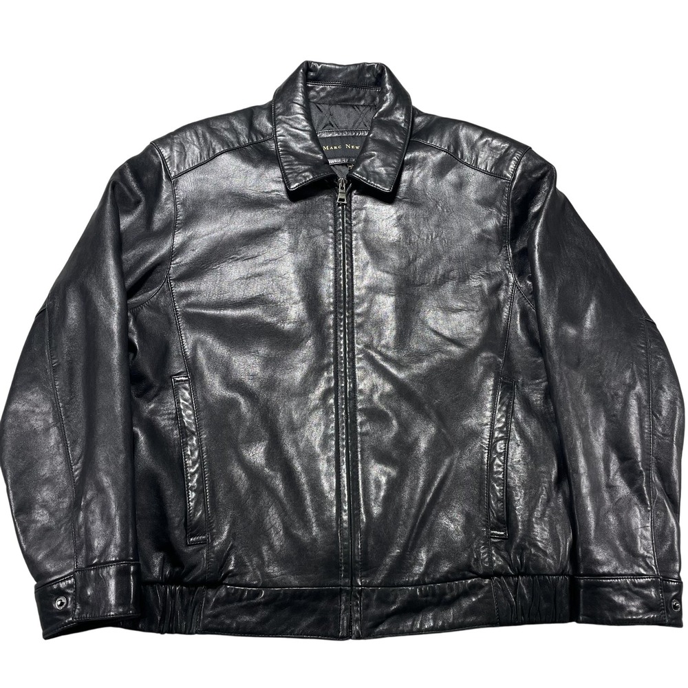 Marc New York Jacket Mens Large Black Leather Bomber Zip Quilted Lined Insulated